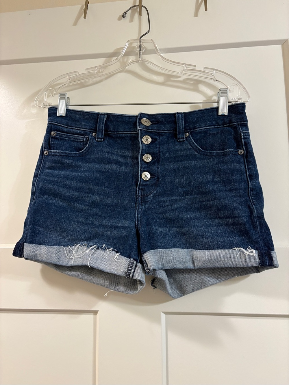 American Eagle Outfitters Dark Blue Rolled-Hem Button-Fly Jean Shorts